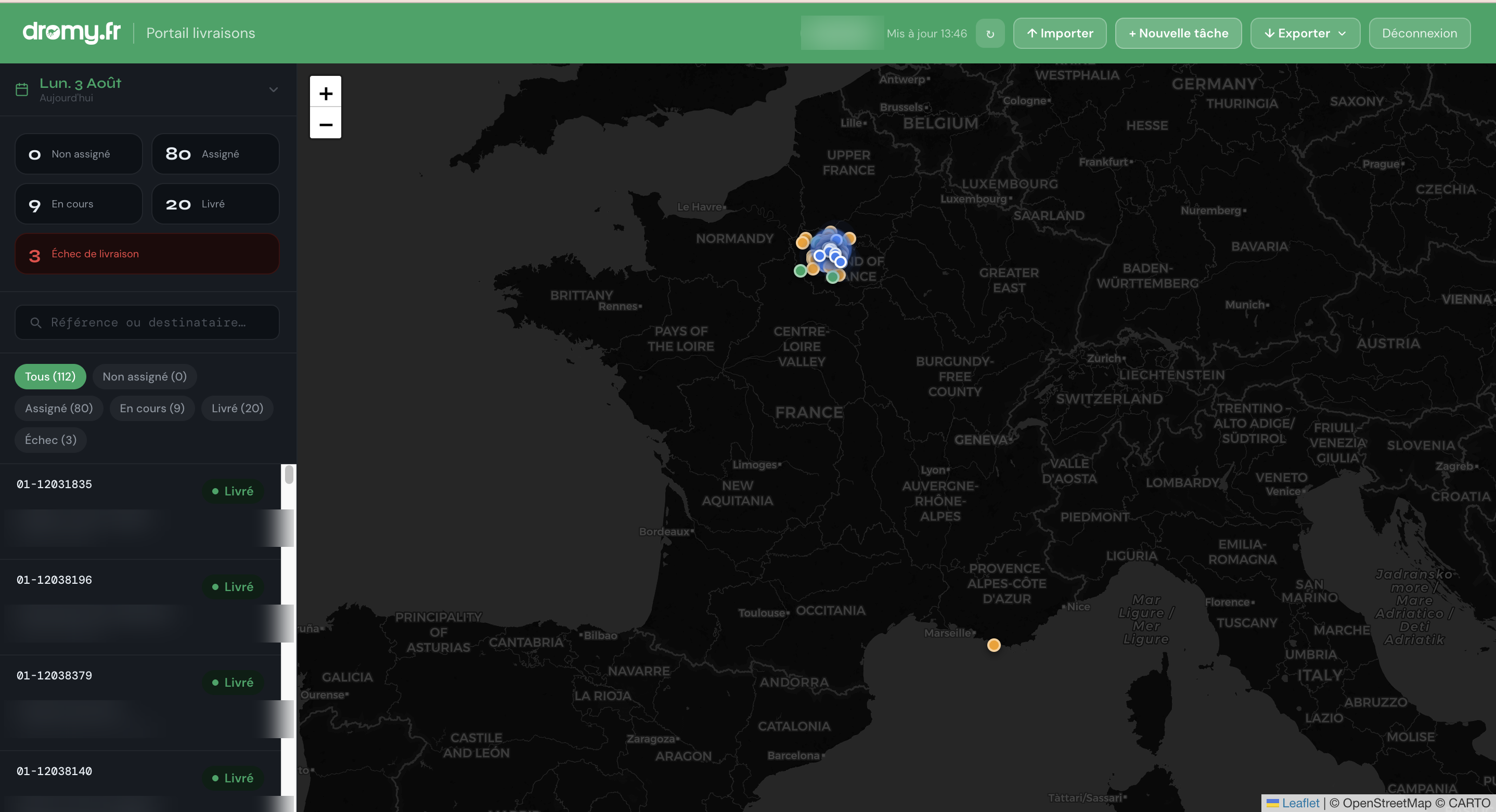 Portail de livraison Dromy — carte temps réel et liste des livraisons (adresses floutées)